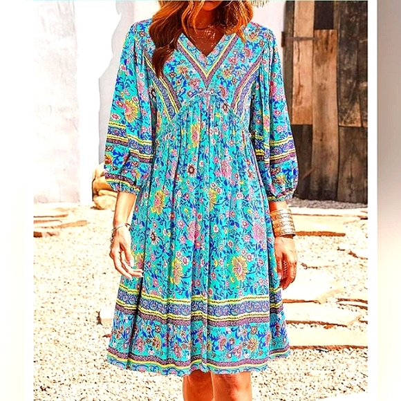 BOHEMIAN STYLE BABYDOLL Yellow & Blue Tiered Mini Dress with V-Neck NWOT SIZE S - Picture 3 of 9